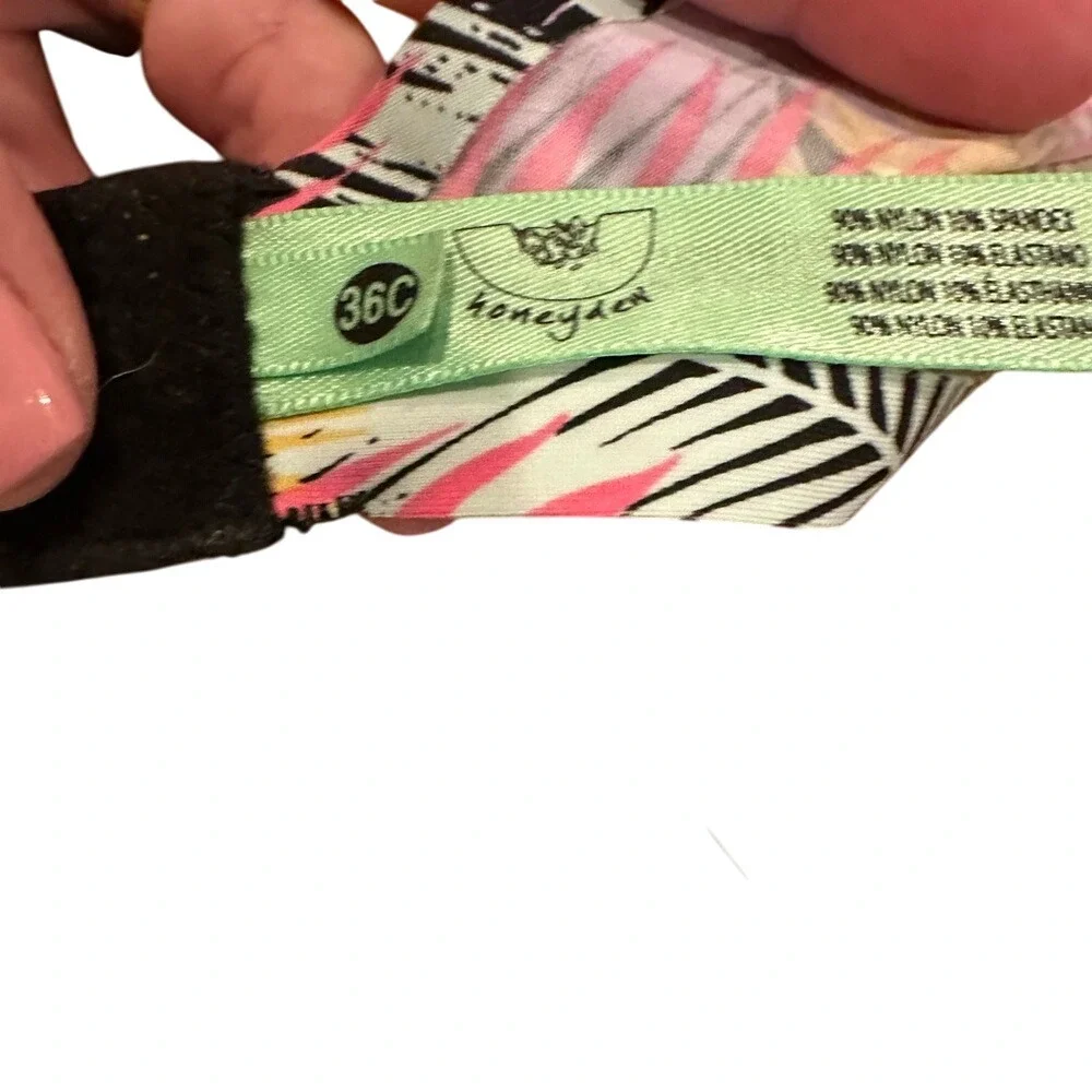 Palm Leaf Print Bra Black‎ Tropical Pink Yellow Lined Adjustable Straps